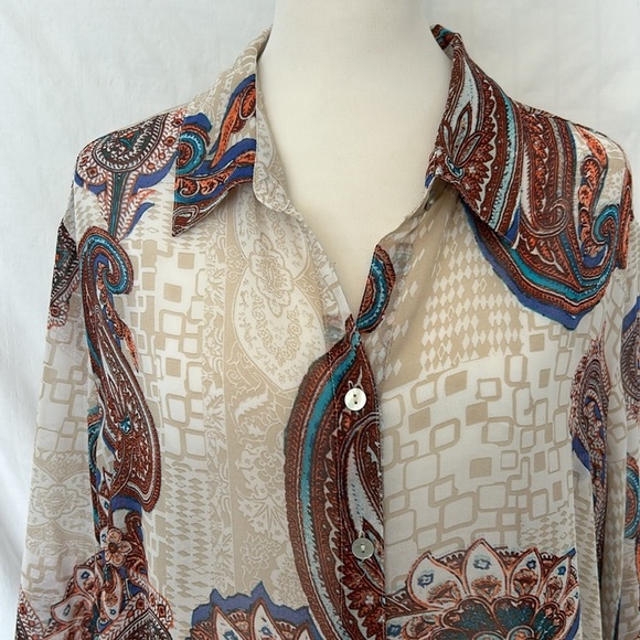 Chico’s 3/4 Sleeve Crème/Tan Paisley Print Blouse Sz 3 - Picture 8 of 14